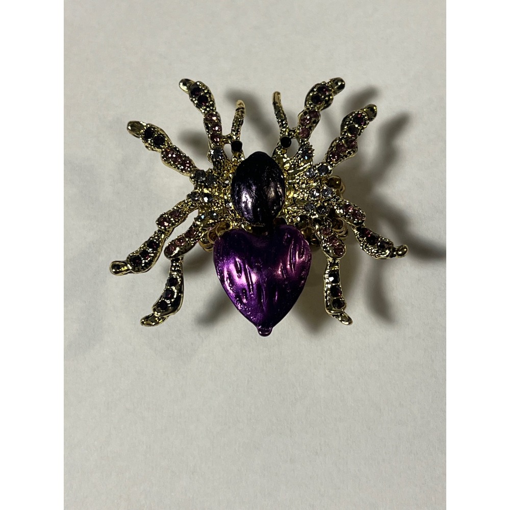Alilang Purple Heart Spider Ring Gold Tone Rhinestone Gothic Halloween Stretch